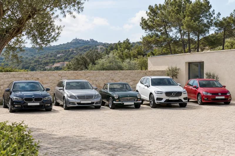 Uma fila de carros usados num stand com muro de calcário e colinas verdes ao fundo