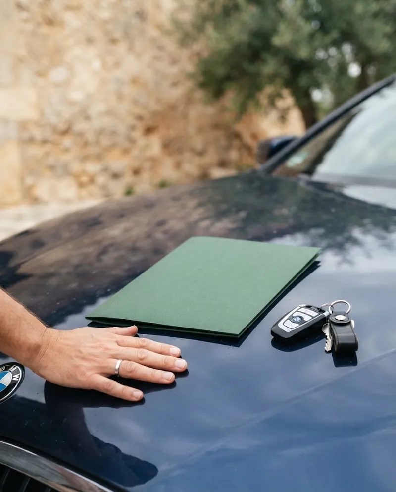 Mãos pousadas no capot de um carro ao lado de uma pasta de documentos, à luz do dia